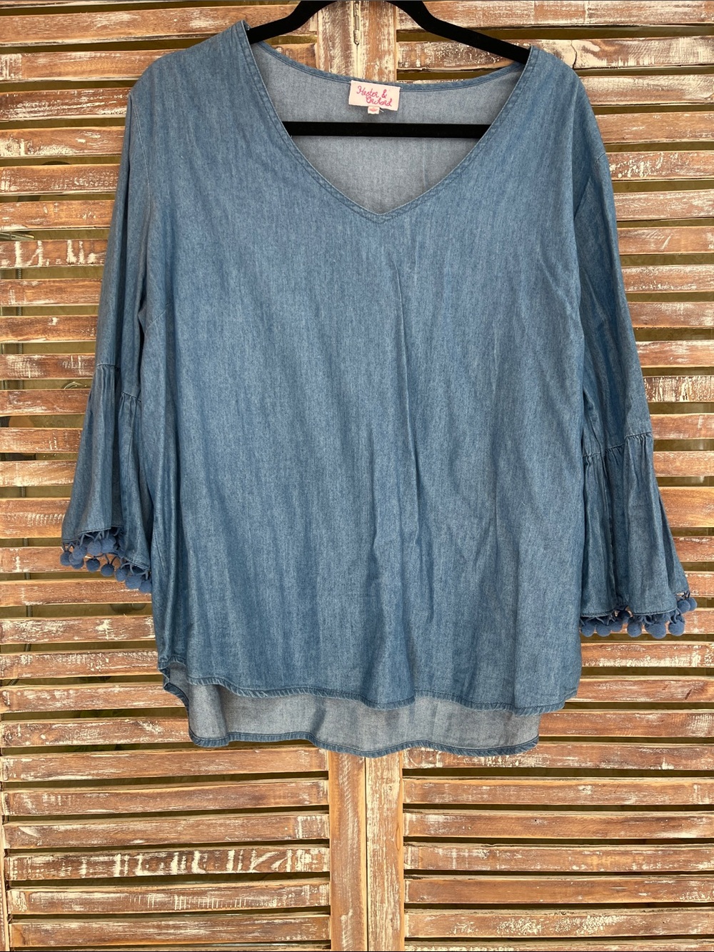 Large V-Neck Chambray Bell-Sleeve Blouse with Pom Trim - Blue
